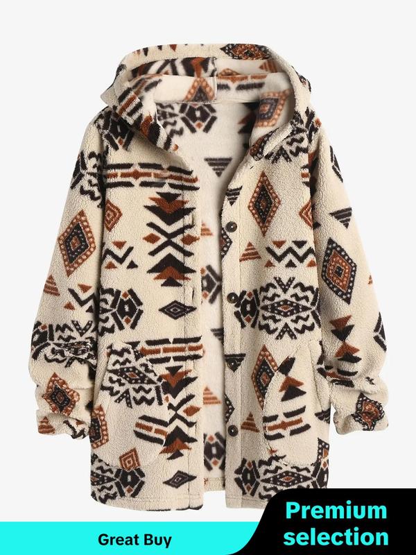 Women's Ethnic Pattern Drop Shoulder Button Front Hooded Coat, Casual Jackets, Long Sleeve Pocket Coat for Fall & Winter, for Daily Wear, Comfort Longsleeves, Coats for Women, Going Out Outfits 2024